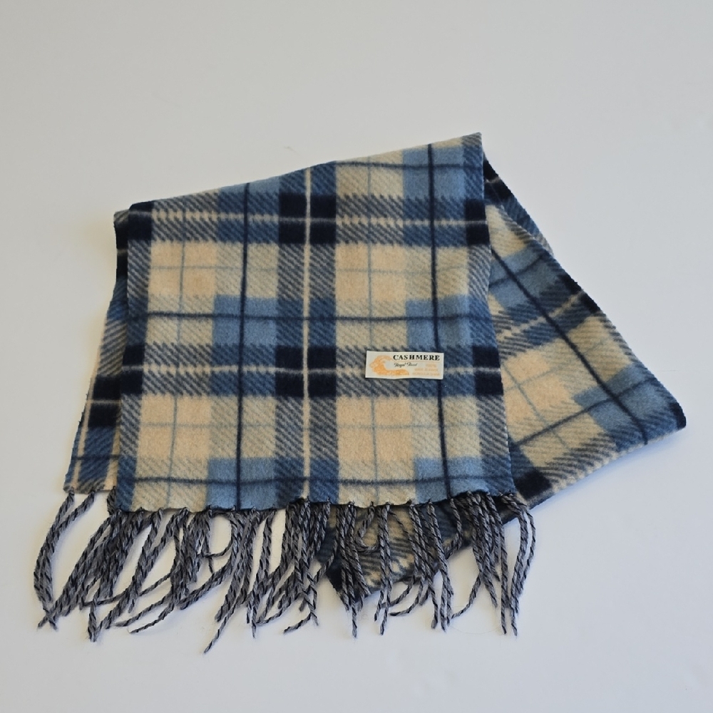 Vintage Royal Rossi Cashmere Fringe Scarf Blue Plaid